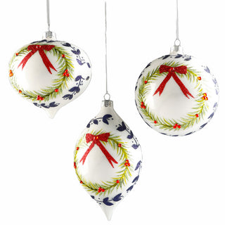 Set Of 3 Blue And White Glass Ornaments With Wreath