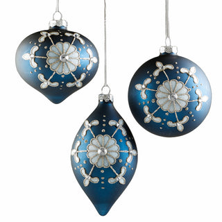 Set Of 3 Blue With White Ornaments