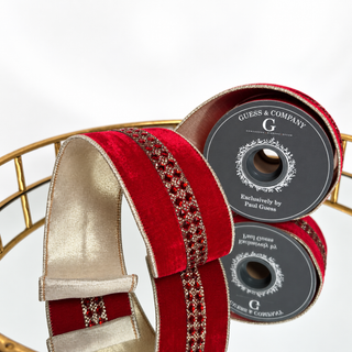 2.5"X5YD TRIM ON RED PLUSH VELVET WITH GOLD EDGE, RED DUPION BACK RIBBON