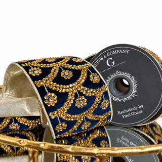 4"X5YD EMBROIDERED WITH STONE ON NAVY BLUE VELVET WITH LIGHT GOLD LAME BACK RIBBON