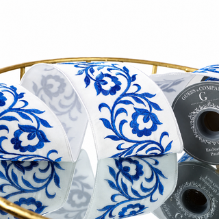 4" WHITE WITH BLUE EMBROIDERY DESIGN RIBBON 5YD