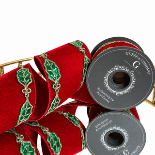 4"X5YD HOLLY EMBROIDER ON RED VELVET WITH RED JEWEL RIBBON