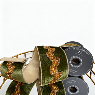 4"X5YD TRIM ON OLIVE PLUSH VELVET WITH LT GOLD METALLIC DUPION BACK RIBBON