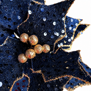 11.5" Diameter Midnight Blue Sequined Poinsettia Stem