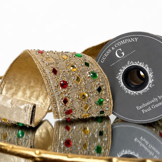 4"X 5 YD EMBROIDERY WITH STONE MIRROR ON LT GOLD METALLIC DUPION WITH SAME BACK