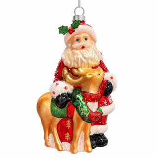 H 6.3 x 4"/16X10CM GLASS SANTA WITH DEAR ORN Theme 1