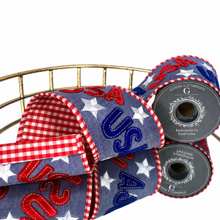 4"X5YD EMBROIDERED DENIM WITH RED/WHITE STRIPE BACKING AND EDGE