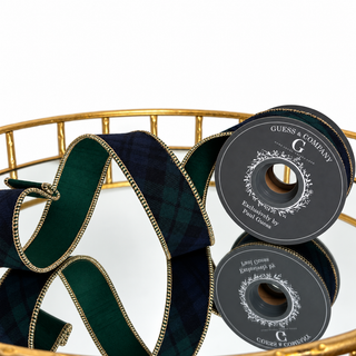1.5" x 5yd blackwatch tartain plaid w/ gold edge & green dupion back