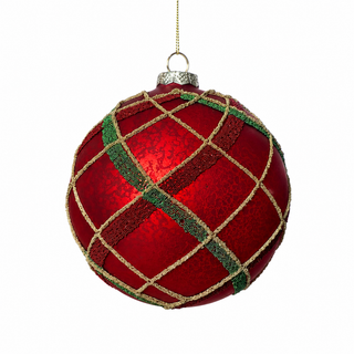 5" D glass ball ornament with plaid bead -Red