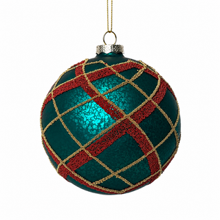 5" D Glass Ball Ornament with Plaid Bead-Green