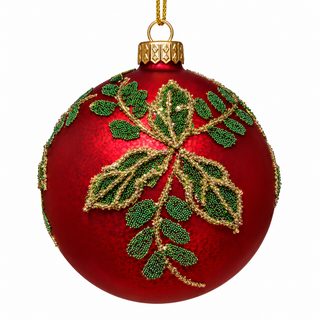 5" D Red Glass Ball Ornament with Beaded Holly Design