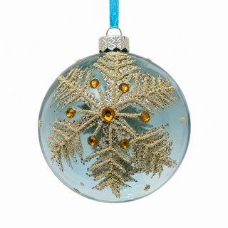 5" Diameter Blue Glass Ball Ornament with Gold Snowflake