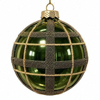 4" Diameter Green Glass Ball with Brown and Gold Plaid Beads