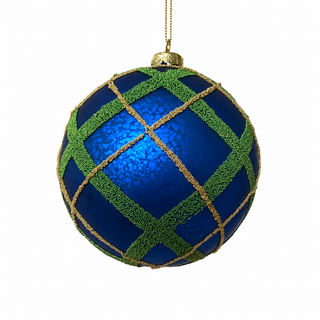 5" Diameter Blue Glass Ball with Green and Gold Plaid Beads