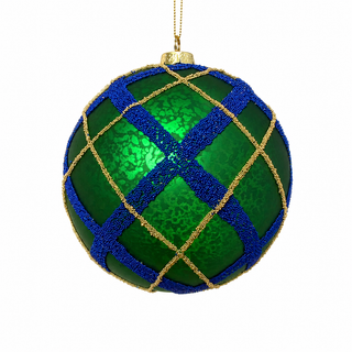 5" D Green glass Ball with Blue and Gold Plaid Beads