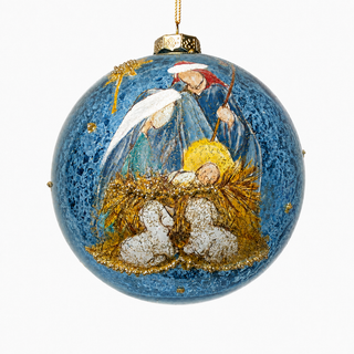5" Diameter Holy Family Glass Ball Ornament Lt. Blue