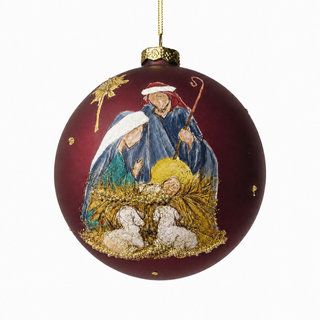 5" Diameter Holy Family Glass Ball Ornament-Burgundy