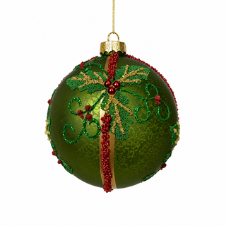 5" Green Glass Ornament with Holly -Ball