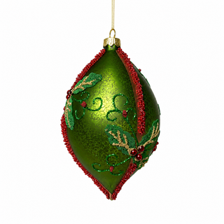 5" Green Glass Ornament with Holly -Double Point