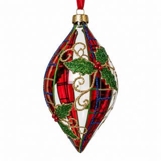 5" Clear Glass Ornament with Plaid and Holly -Double Point