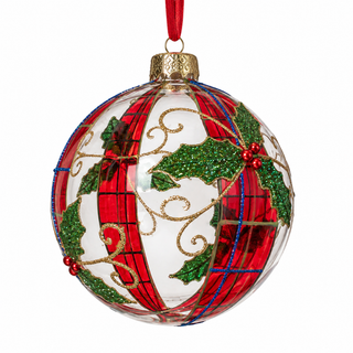 5" Clear Glass Ornament with Plaid and Holly -Ball