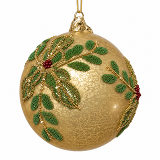 5" D Gold Glass Ball Ornament with Beaded Holly Design