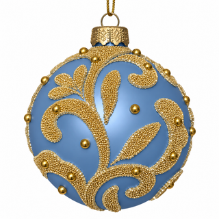 5" Diameter French Blue Glass Ball Ornament with Gold Beads and Matte Finish
