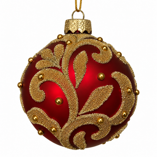 5" Diameter Red Glass Ball Ornament with Gold Beads and Matte Finish