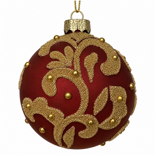 5" Diameter Burgundy Glass Ball Ornament with Gold Beads and Matte Finish