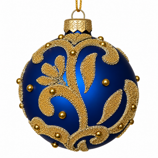 5" Diameter Navy Blue Glass Ball Ornament with Gold Beads and Matte Finish
