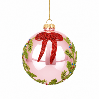 4" Glass Pink Ball Ornament with Red Bow