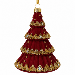 5.5" Glass Christmas Tree Ornament  Burgandy with Gold Beads