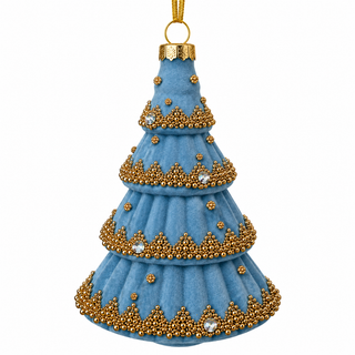 5.5" Glass Christmas Tree Ornament  Blue with Gold Beads