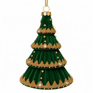 5.5" Glass Christmas Tree Ornament  Green with Gold Beads