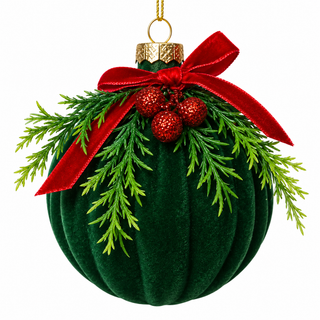4" Diameter Glass Ball Green Flocked Ornament with Bow
