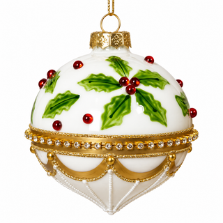4" White Glass Ornament Onion with Holly and Gold Detail