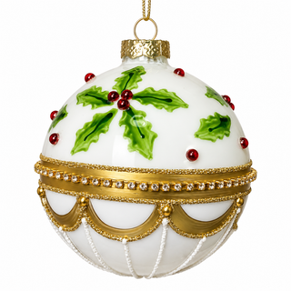 4" White Glass Ornament Ball with Holly and Gold Detail
