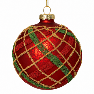 4" Diameter Red Glass Ball Ornament with Plaid Bead