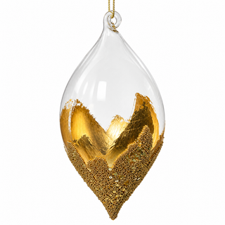 4" Diameter Clear Glass Double Point Ornament with Gold Foil and Beads