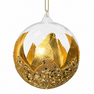 4" Diameter Clear Glass Ball Ornament with Gold Foil and Beads