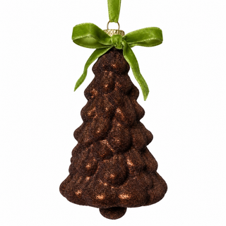 4.5" Glass Tree Ornament -Brown with Green Bow