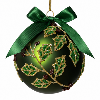 4" Diameter Glass Ball Green with Holly Beaded Design and Bow