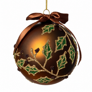 4" Diameter Glass Ball Brown with Holly Beaded Design and Bow