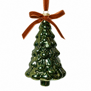 4.5" Glass Tree Ornament -Green with Brown Bow