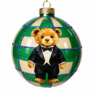 4" Diameter Gold and Green Plaid with Teddy Bear Glass Ball Ornament