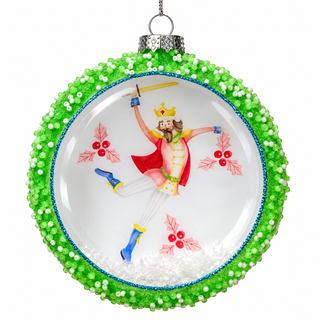 5" Glass Nutcracker Disc Ornament Green King