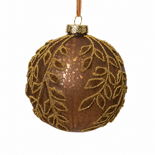4" Diameter Gold Glass Ball Ornament with Beaded Laurel Design