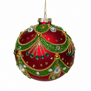 4" Red Glass Ball Ornament with Green Scalloped Bead Design