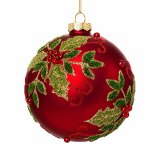 4" Red Glass Ball with Holly Bead Design