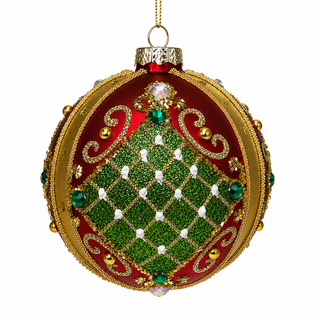 4" Red Glass Ball Ornament with Green and Gold Bead Design